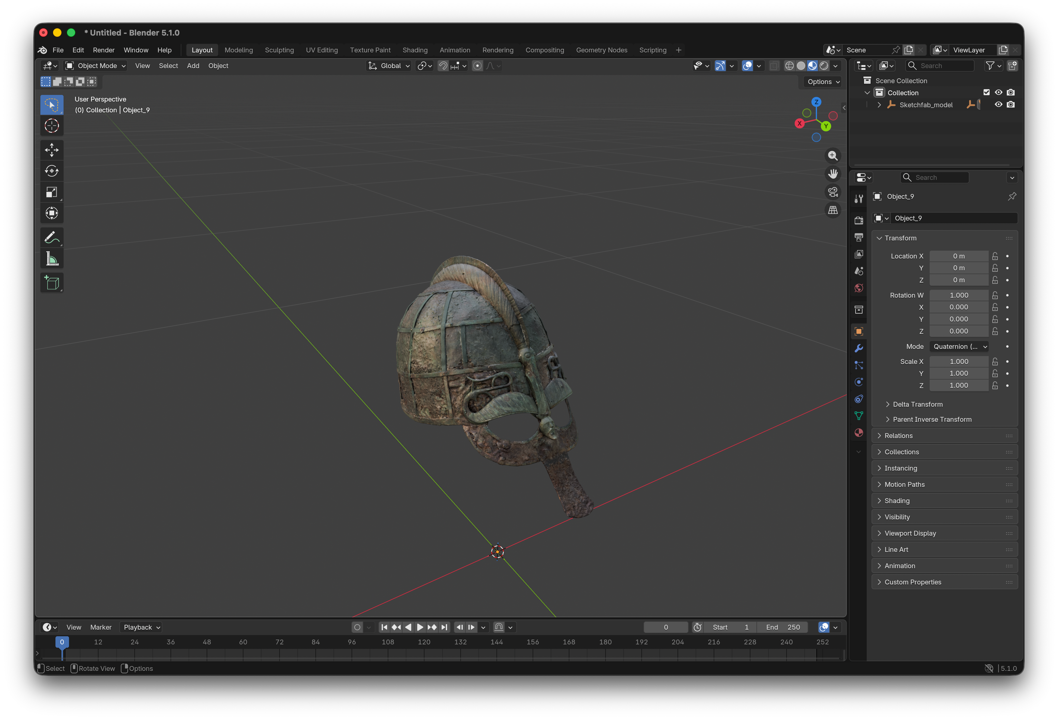 Screenshot of Blender 5.1 showing the Vendel I Helmet, a Viking-era iron and bronze helmet with a nose guard, cheek plates, and decorative crest, displayed in a 3D viewport with the object's transform properties visible in the right panel