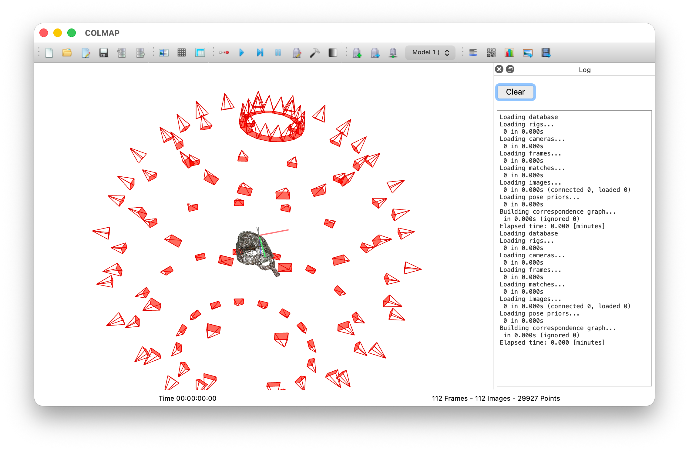 Screenshot of the COLMAP application showing 112 reconstructed camera positions as red wireframe frustums arranged in rings around a small sparse point cloud of the helmet, with a log panel on the right showing the reconstruction output