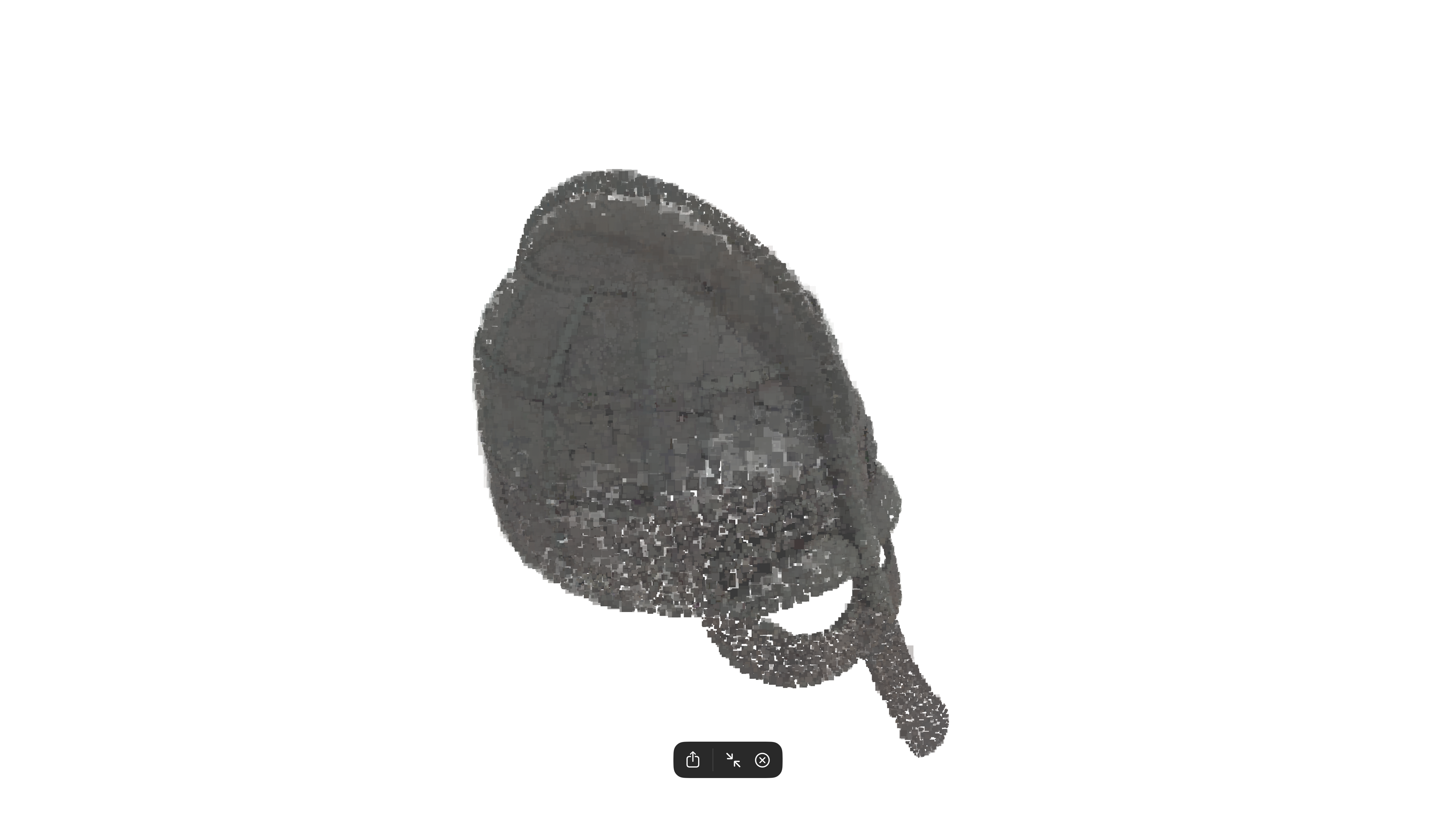The trained Gaussian splat cloud of the helmet rendered as a noisy point cloud: the helmet shape is recognisable but each splat appears as a small flat square rather than a soft ellipsoid, giving the whole image a rough, pixelated look