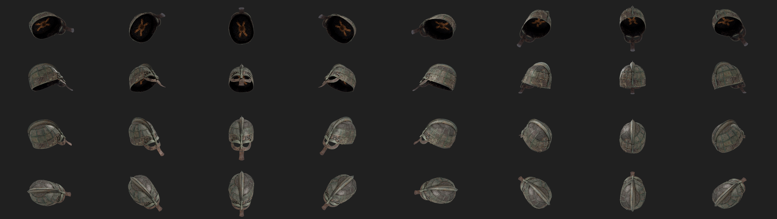 A four-by-seven grid of 28 renders of the Vendel I Helmet from different angles: top-down views in the first row, front and side views in the middle rows, and bottom-up views in the last row, all against a dark grey background