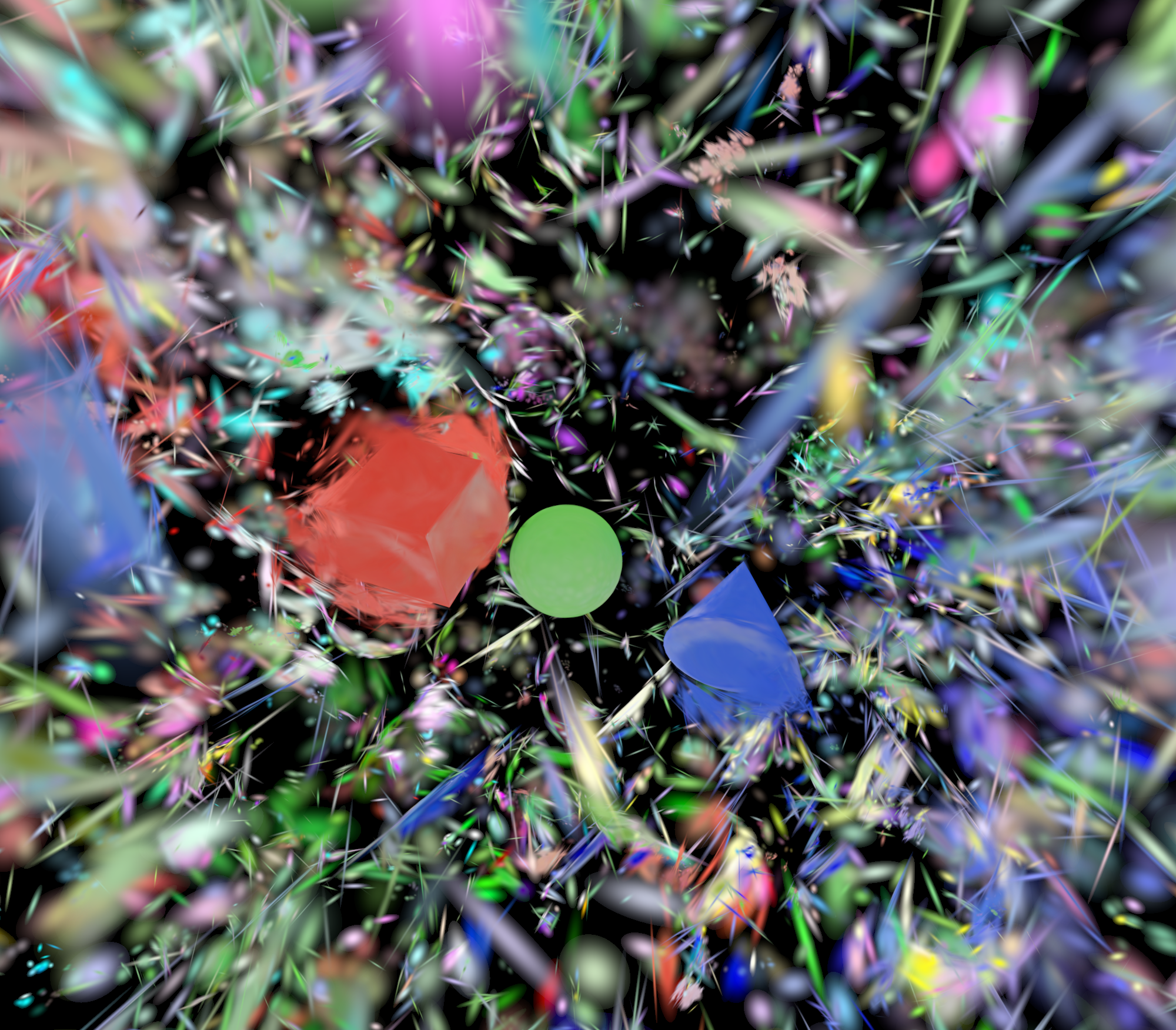 A failed Gaussian splat training result: instead of a coherent scene, the image is a chaotic explosion of brightly coloured spiky splats in red, green, blue, and pink, with no recognisable structure